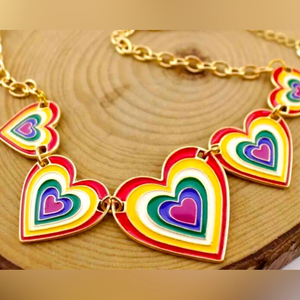 Pride Heart To Heart Golden Valentine Rainbow Necklace. - Picture 2 of 5